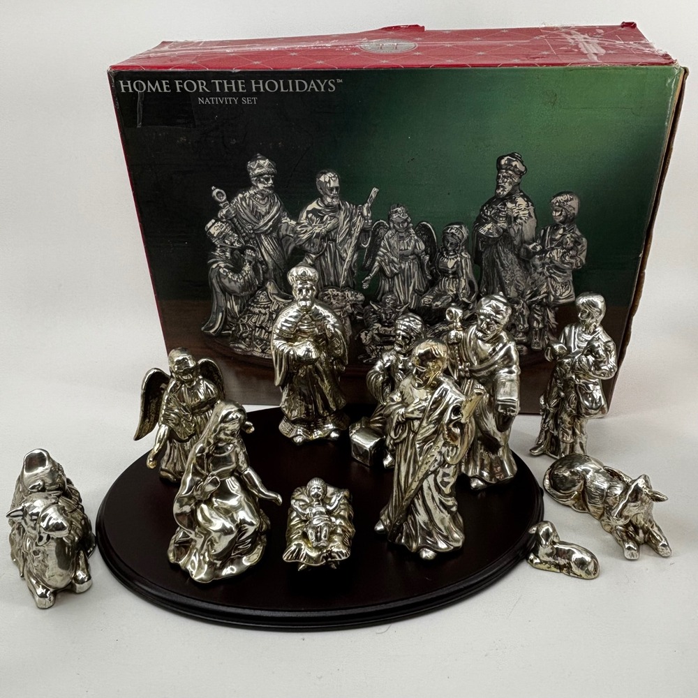 Home for the Holidays 12 Piece Silver Tone Nativity Set with Wood Display Base